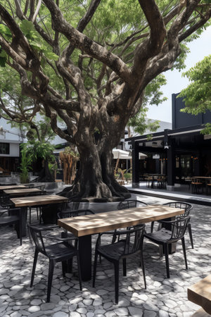 Tables and chairs in a restaurant with big tree in the backgroundの素材