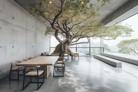 Interior of a coffee shop with wooden tables, chairs and big treeの素材