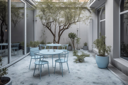 3d render of modern terrace with table and chairs in the gardenの素材