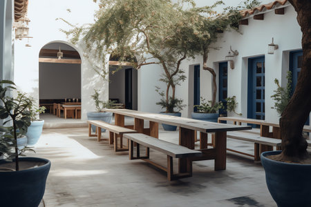 Wooden tables and chairs in the courtyard of the hotel. Nobody insideの素材
