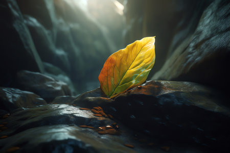 A single yellow leaf on a rock with sunlight shining through the leavesの素材
