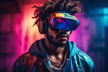 Portrait of a man with afro hairstyle wearing virtual reality goggles.の素材