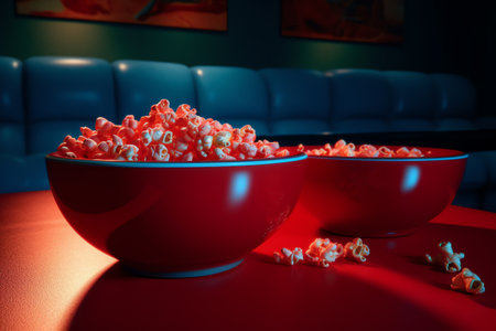 Bowls with popcorn on a red table in a cinema.の素材