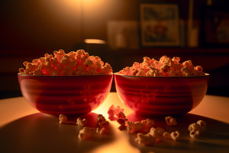 Two red bowl with popcorn on the table in the dark. Selective focus.の素材