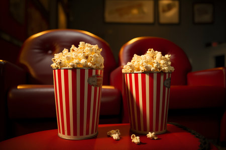 Popcorn in a striped bucket on a red sofa in the cinemaの素材