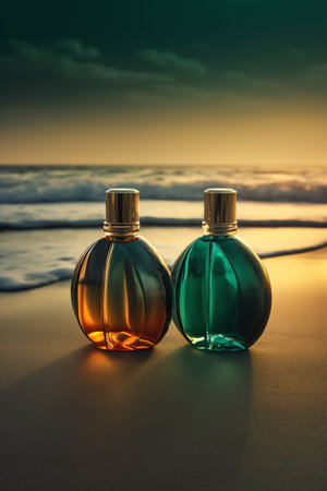 Perfume bottles on the beach with sea and sky background.の素材