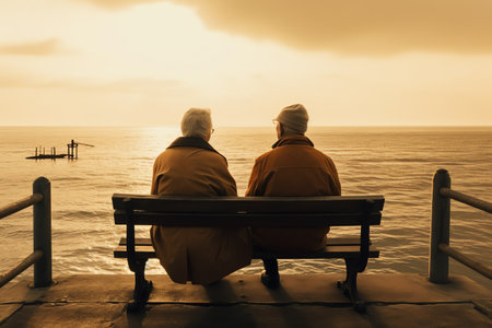Elderly couple sitting on a bench by the sea at sunsetの素材