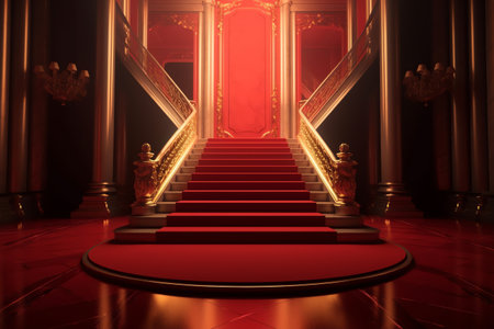Red carpet with golden stairs to the throne. 3D rendering.の素材