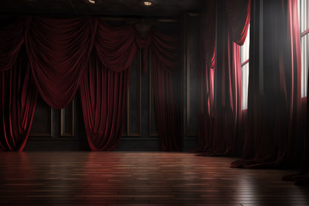 Red velvet curtains in a dark room with wooden floor. 3d renderingの素材