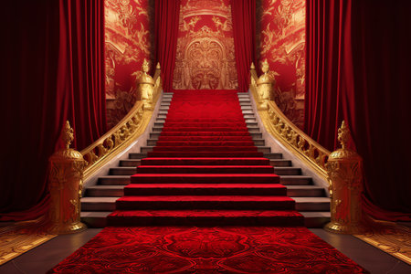 golden stairs with red curtains, 3d render, red carpetの素材