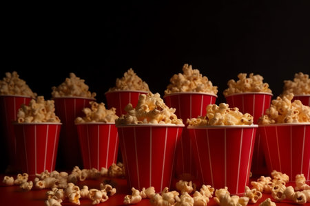 Popcorn in red cups on a black background. Selective focus.の素材