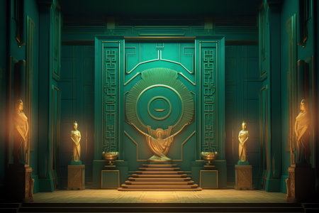 The interior of the room is decorated with green doors and gold figures. 3D renderingの素材
