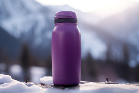 Purple sport bottle on the snow with mountains in the background.の素材