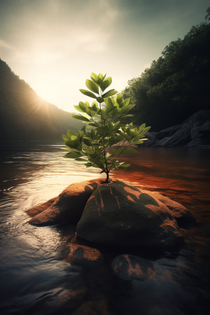 Small tree growing on a rock in a mountain river. Dramatic scene.の素材