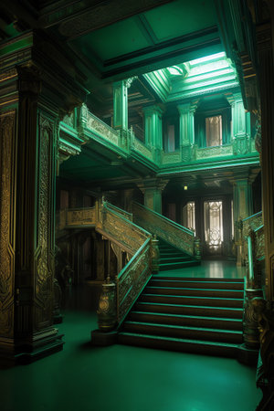 Luxury interior of a classical building with staircases and green wallsの素材