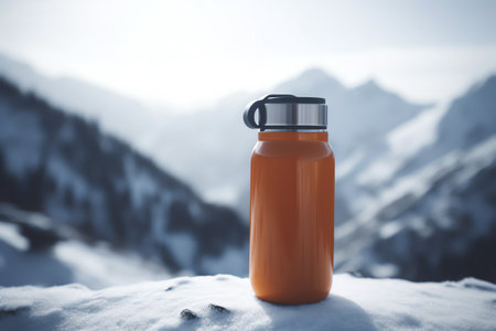 Orange sport bottle on snowy mountain background. Concept of healthy lifestyle.の素材