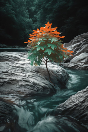 3d rendering of a tree in the middle of a mountain riverの素材