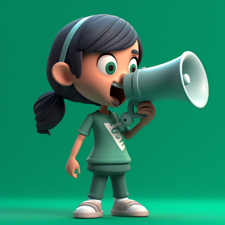 Cartoon girl with megaphone on green background - 3D Illustrationの素材