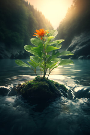Beautiful orange flower growing on a rock in the river at sunsetの素材