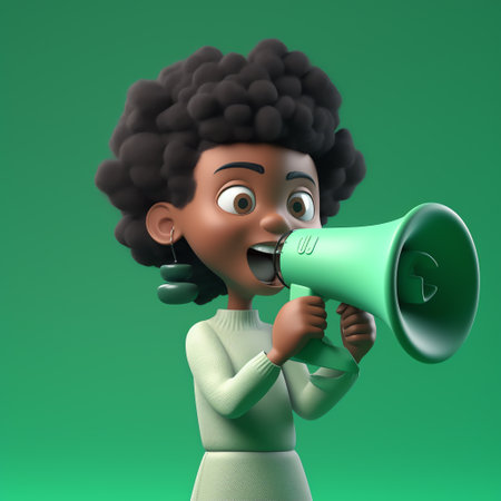 Cartoon woman with a megaphone on a green background - 3D renderの素材