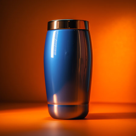 3D render of a blue tumbler on orange background.の素材