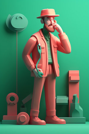 Repairman in red suit and hat talking on the phone. 3d illustrationの素材