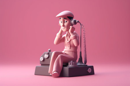 Pilot is sitting on the phone. 3d illustration. Pink background.の素材