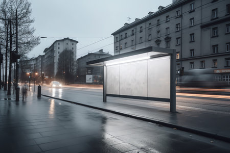 Empty bus stop on a city street at night, Moscow, Russiaの素材