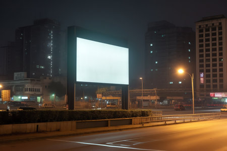 Blank billboard on road at nightの素材