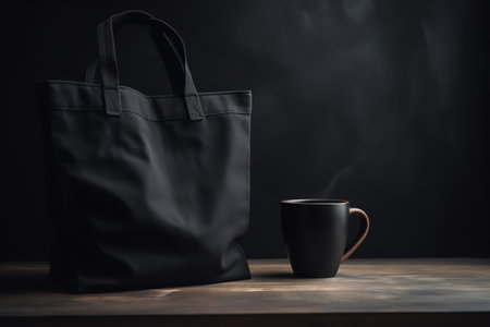 Black bag and cup of coffee on a wooden table. Black background.の素材