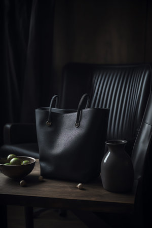 Luxury black leather handbag on a wooden table in a dark roomの素材