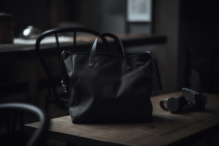 Black leather bag on a wooden table in a cafe. Selective focus.の素材
