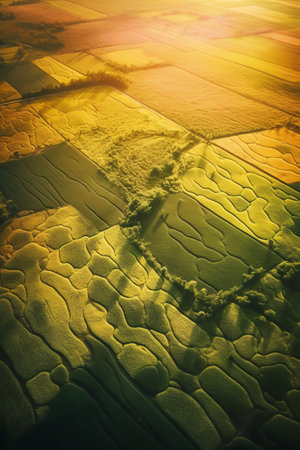 Aerial view of agricultural fields and farmland in the countryside at sunset.の素材