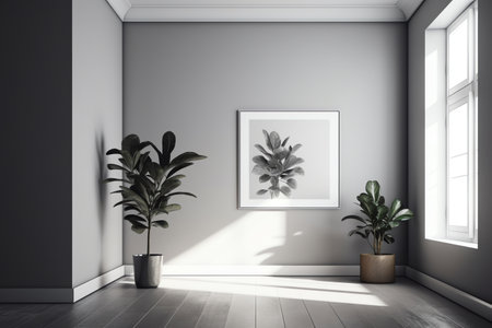 Interior of modern living room with white walls, wooden floor, plant in pot and mock up poster frame. 3d renderingの素材