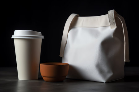 Bag and coffee cup on a black background. Back to school concept.の素材