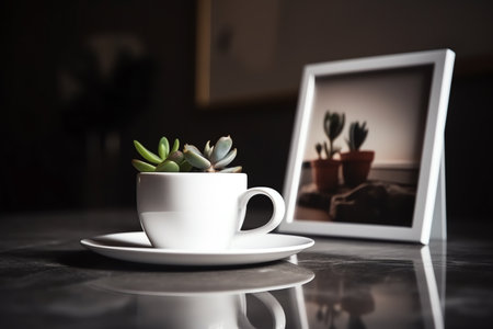 Cup of coffee with succulents and photo frame on the tableの素材