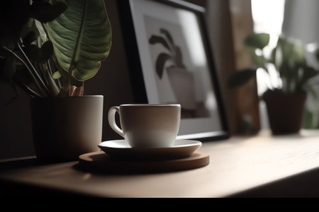 Coffee cup and plant on wooden table in morning light.の素材
