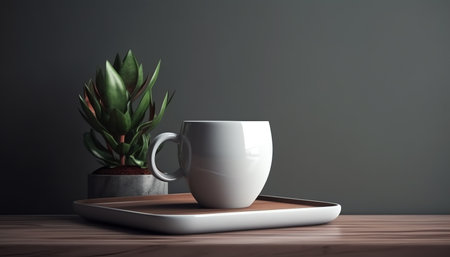 coffee cup and plant on wooden table. 3d render illustrationの素材