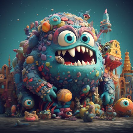 Funny monster in the city. Fantasy world. 3D illustration.の素材