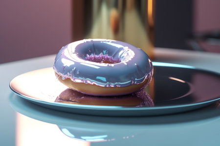donut with blue glaze on a plate. 3d renderingの素材