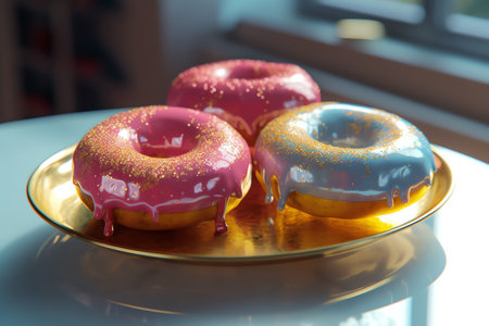 Three glazed donuts on a golden plate on a glass tableの素材
