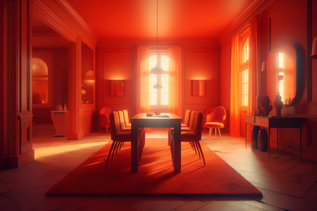 Interior of a room with red walls. 3D rendering.の素材