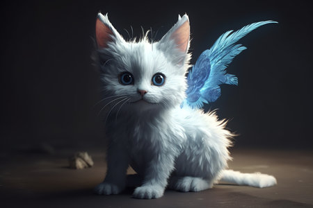 White fluffy kitten with blue wings on a dark background. Halloween concept.の素材