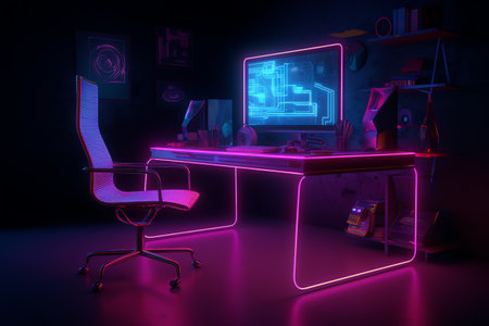 3d rendering of a computer room with neon lights, 3d illustrationの素材
