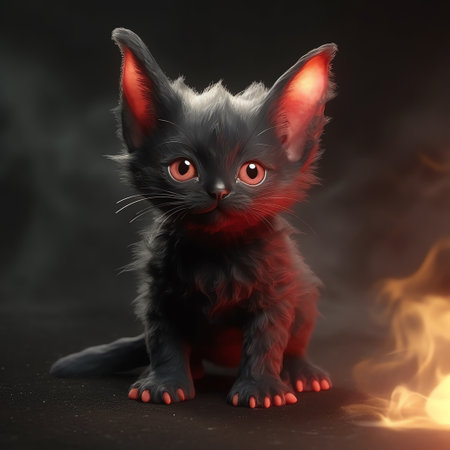 Funny black kitten with red eyes on a black background with fireの素材