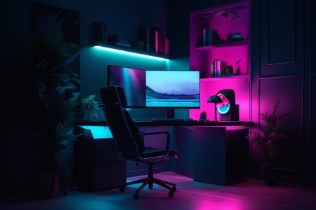 Workplace in a dark room. 3D rendering. Neon light.の素材