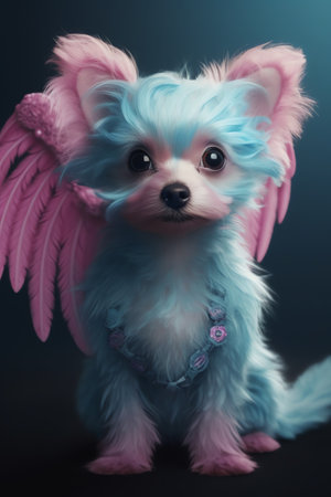 Cute little dog with pink wings on a dark blue background.の素材