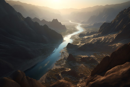 Fantasy alien planet. Mountain and river. 3D illustration.の素材