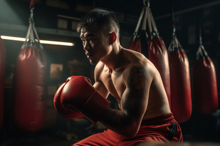 Handsome asian boxer in red boxing gloves training in gymの素材