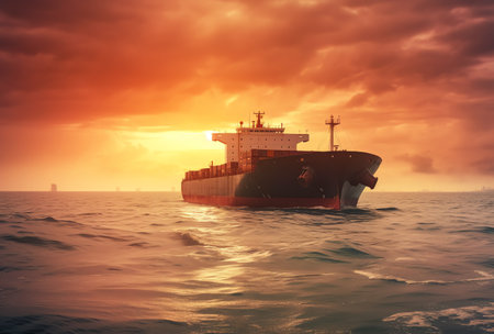 Large cargo ship sailing in the sea at sunset. Toned image.の素材